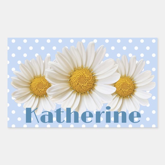 Adesivo Retangular White Daisiers Nome Bolinhas Azul (Frente)