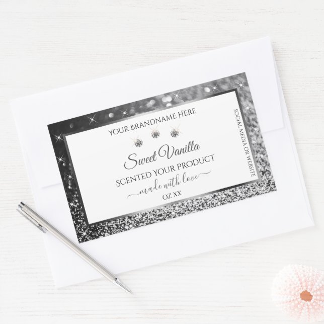 Adesivo Retangular White Silver Glitter Stars Diamantes Rótulos de Pr (Envelope)