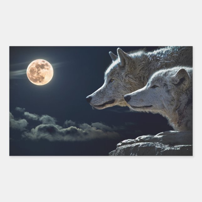 Adesivo Retangular Wolf Wolves Howling na lua cheia à noite (Frente)