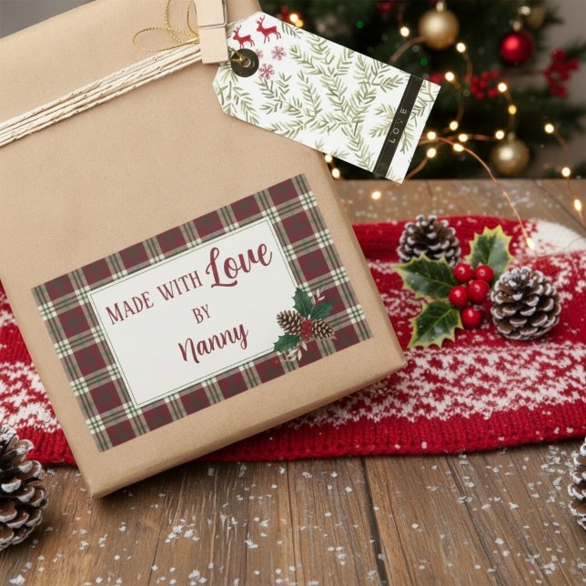 Adesivo Retangular Xadrez Clássico Natal Feito com amor por (Classic Plaid Christmas Made with love by Rectangular Sticker)