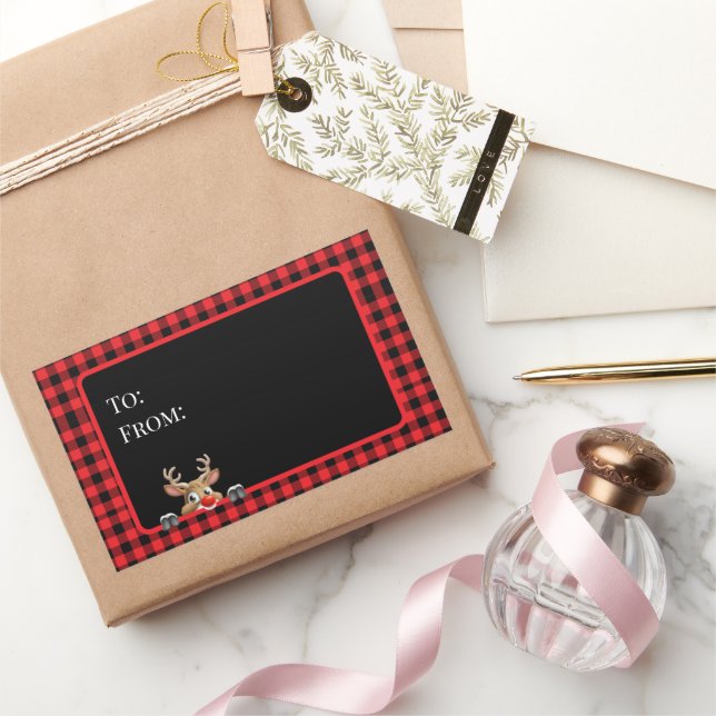 Adesivo Retangular Xadrez Preto Vermelho na Moda com Rena (Presentear)