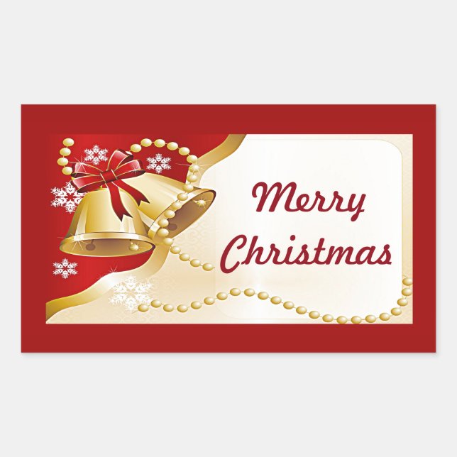 Adesivo Retangular XMas Douradas como Sinos, Miçangas e Flocos de Nev (Frente)