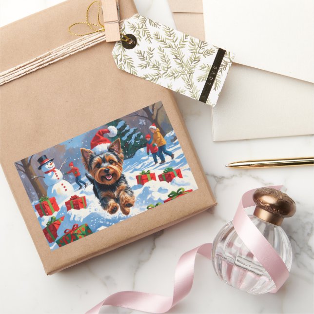 Adesivo Retangular Yorkshire Terrier em neve com chapéu de Natal (Presentear)