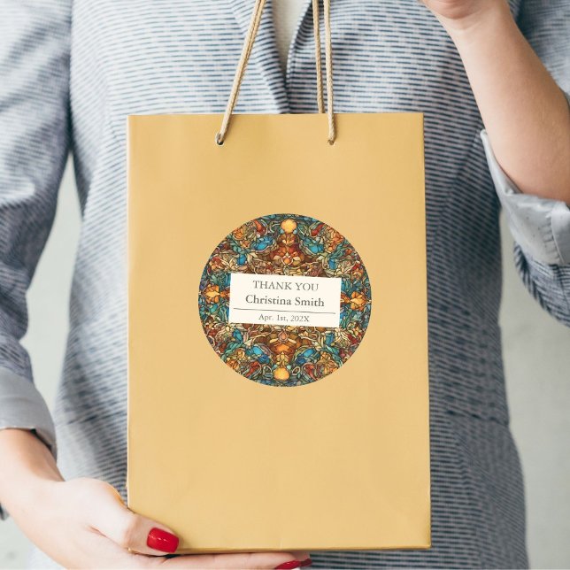 Adesivo Retirada Geométrica De Espanhol Mosaico Obrigado (Geometric Mosaic Staine Glass Retirement Thank You Classic Round Sticker)