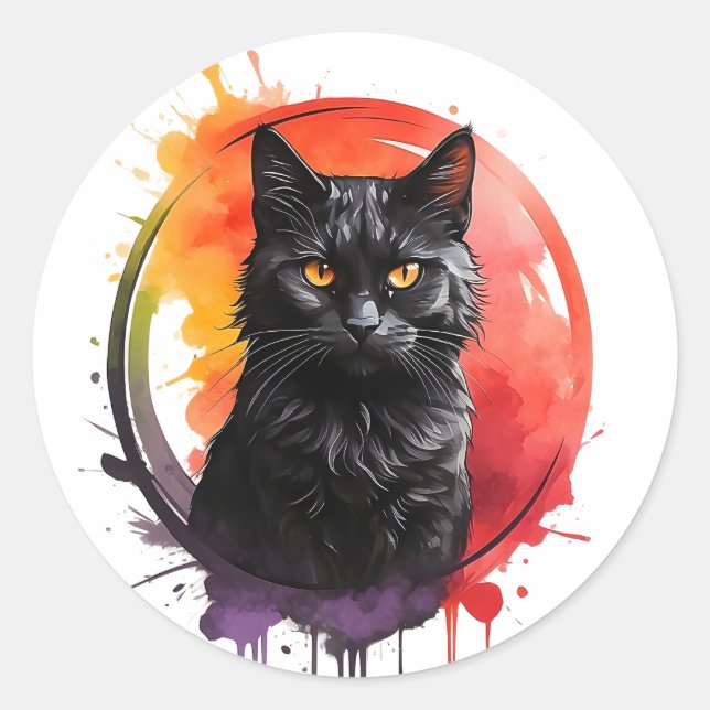 Adesivo Retrato de Arte de Gato Preto de Aquarela (Frente)