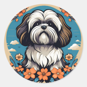 Adesivo Retrato De Cachorro Lhasa Apso Com Flores