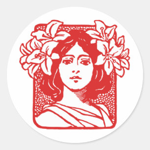 Adesivo Retrato de Nouveau da arte da mulher com lírios