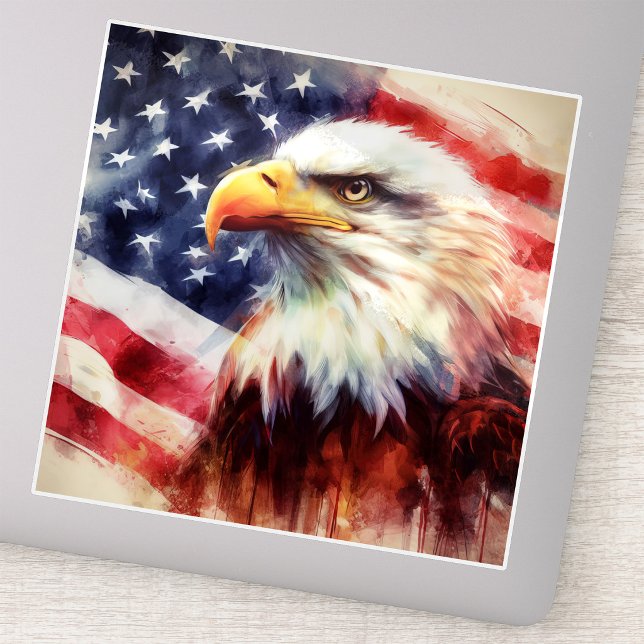Adesivo Retrato Majestoso de Águia Careca com Bandeira Ame (Majestic Bald Eagle Portrait with American Flag. Sticker )