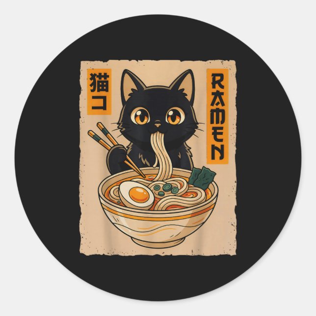 Adesivo Retro Anime Kawaii Black Cat Eating Ramen Noodles  (Frente)