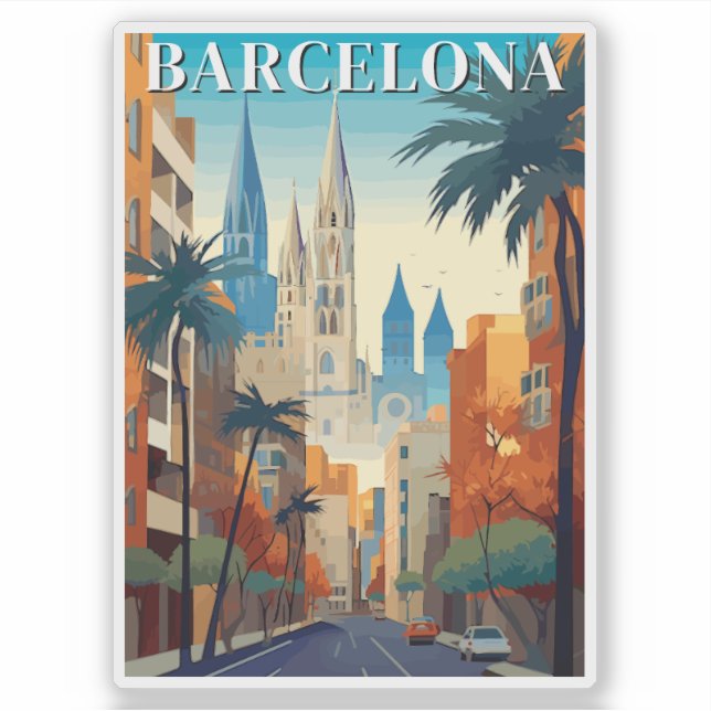 Adesivo Retro Barcelona Vintage Travel Illustration (Frente)