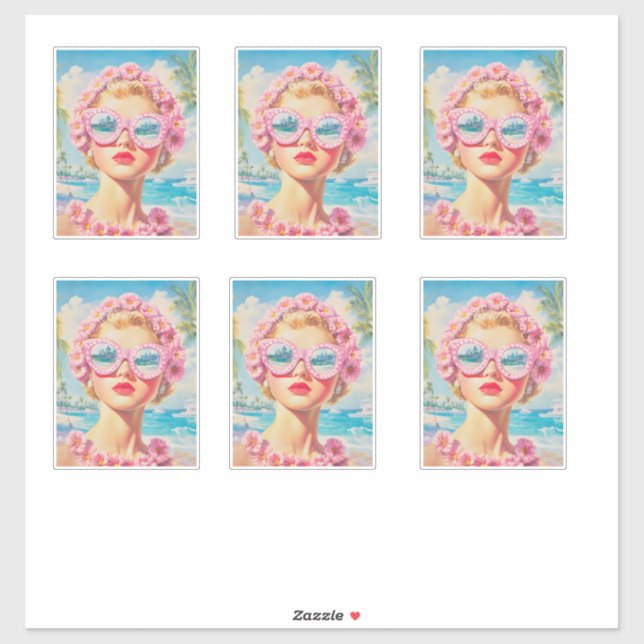 Adesivo Retro Beach Girl com óculos de sol florais (Folha)