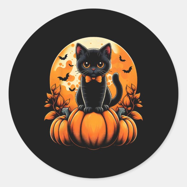 Adesivo Retro Black Cat Pumpkin Halloween Fall Aut (Frente)