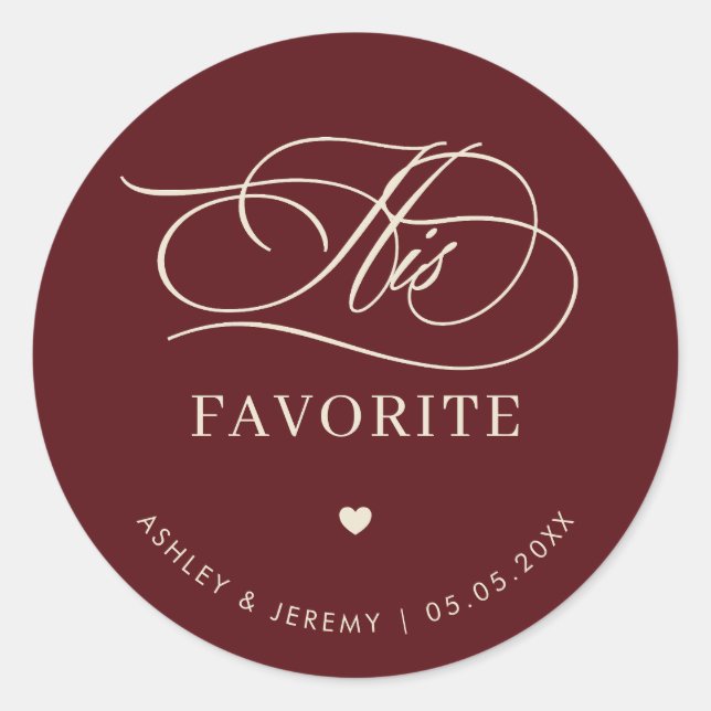 Adesivo Retro Burgundy Ivory His Favorite Wedding Favor   (Frente)