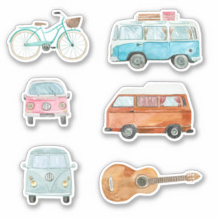 Adesivo Retro colorido Aguarela Van Bicicleta Guitarra