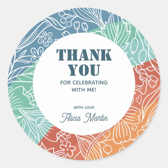 Adesivo Retro Colorido Groovy Rainbow Floral Obrigado (Frente)