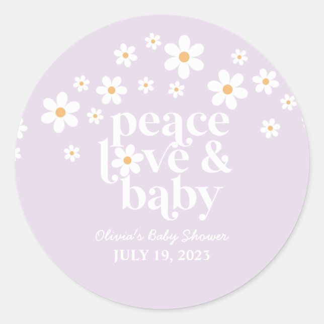 Adesivo Retro Daisy lavanda boho Chuveiro de Bebê Paz Amor (Frente)