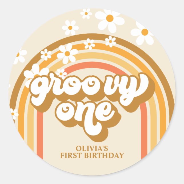 Adesivo Retro Groovy One Rainbow Brown Orange Birthday (Frente)