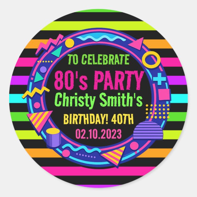 Adesivo Retro Neon 80s Birthday adult Party (Frente)