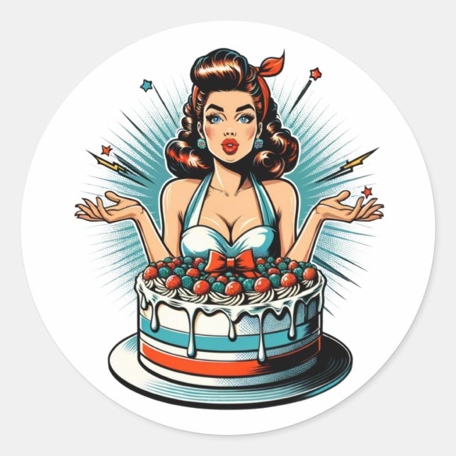 Adesivo Retro Pinup Birthday Woman and Cake (Frente)