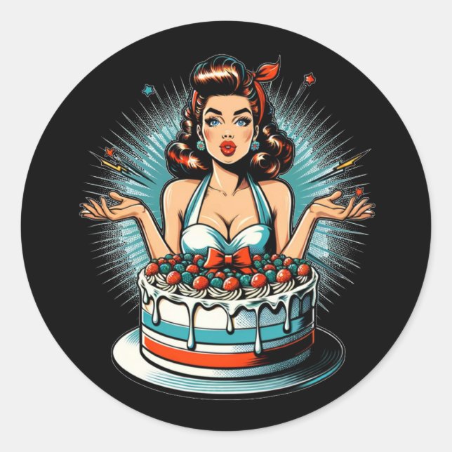 Adesivo Retro Pinup Birthday Woman and Cake (Frente)