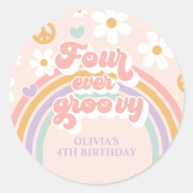 Adesivo Retro Rainbow Four Ever Groovy 4th Birthday (Frente)