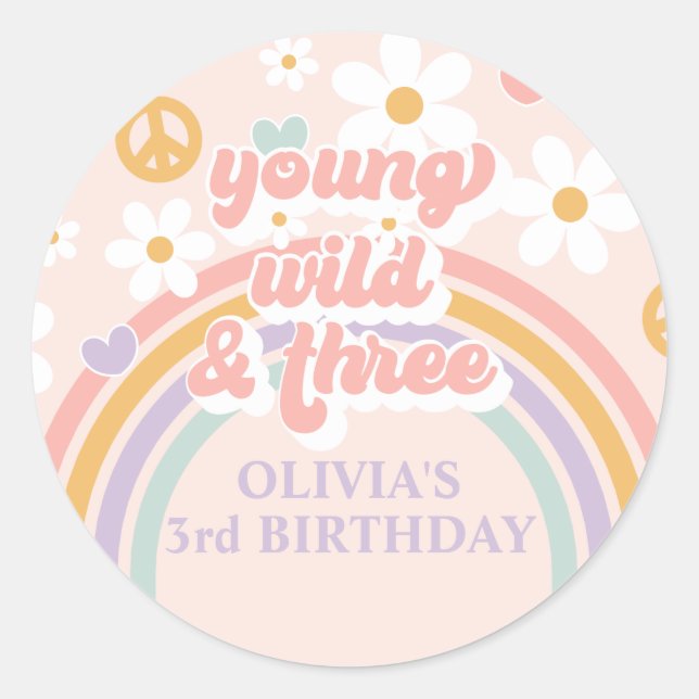 Adesivo Retro Rainbow Young Wild Três aniversário de 3 ano (Frente)