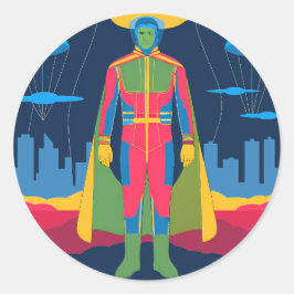 Adesivo Retro Sci-Fi Hero Over Cityscape