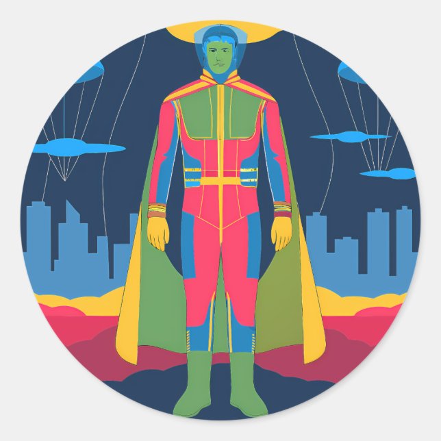 Adesivo Retro Sci-Fi Hero Over Cityscape (Frente)