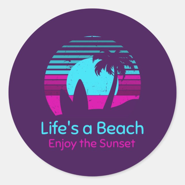 Adesivo Retro Sunset Surfboard Palm Tree Life's a Beach (Frente)