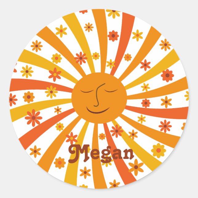 Adesivo Retro Sunshine Sunburst com Flores nome personaliz (Frente)