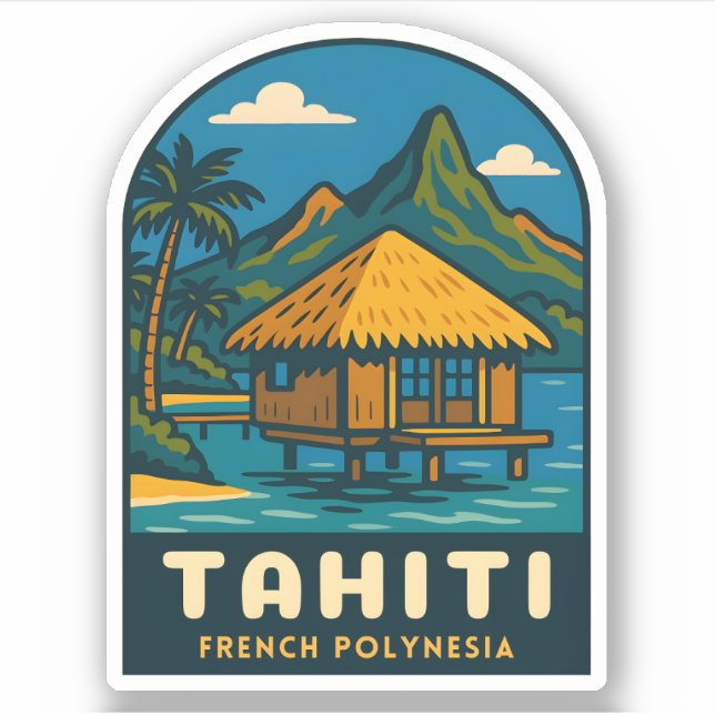 Adesivo Retro Vintage Travel Tahiti French Polynesia Beach (Frente)