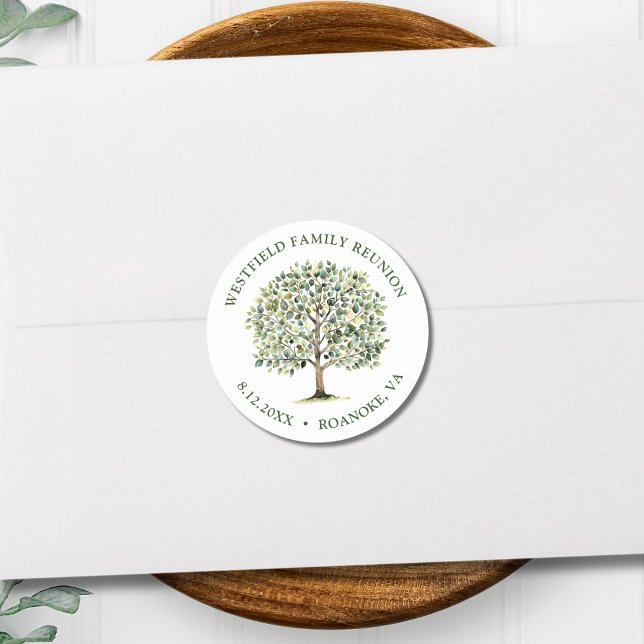 Adesivo Reunião de Família Árvore Aquarela Florestal (Family Reunion Woodland Watercolor Tree Envelope Seal Classic Round Sticker)