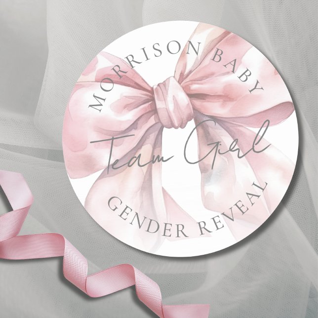Adesivo Revelação do Gênero do Arco Rosa da Equipe (Team Girl Pink Bow Gender Reveal Classic Round Sticker )