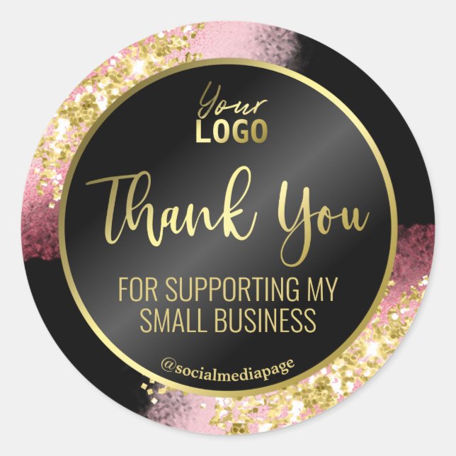 Adesivo Rico rosa Dourado Brilho preto Obrigado Logo (Frente)