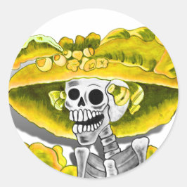 Adesivo Rindo de Mulher Esquelética em Bonnet Amarelo