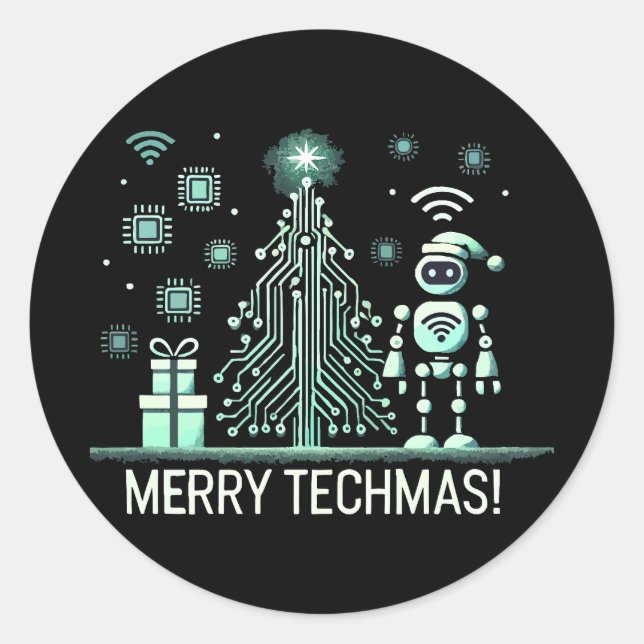 Adesivo Robô AI com Árvore de Natal Tech - Techmas de Feli (Frente)