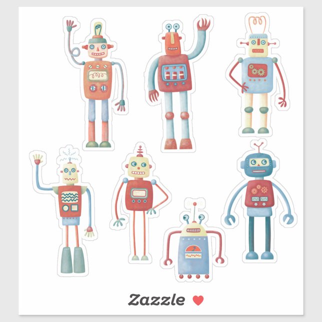 Adesivo Robôs retrovisores do estilo bonito dos anos 50 (Fun retro robot stickers.  Original art by Nic Squirrell. )