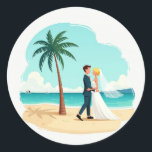 Adesivo Romance à Beira-Mar<br><div class="desc">Inclui 20 adesivos pequenos em uma folha. Adorável ilustração de um casal vestido de noivos compartilhando um momento romântico em uma praia arenosa com uma palmeira e oceano azul claro ao fundo.</div>