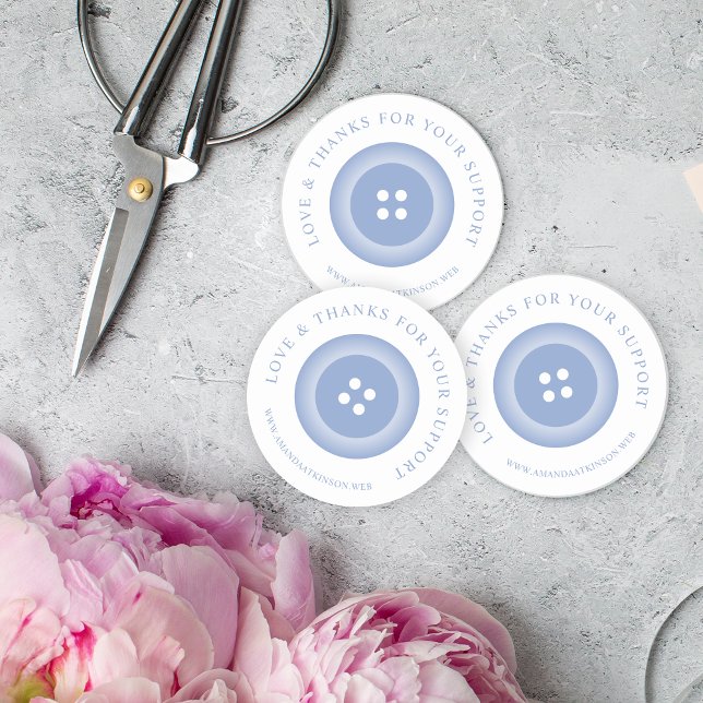 Adesivo Romantic Baby Blue Button Love & Thank  (Romantic Baby Blue Button Love & Thanks Quote Classic Round Sticker for Support Small Business.)