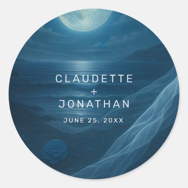 Adesivo Romantic Blue Moonlit Beach Custom Names Wedding (Frente)