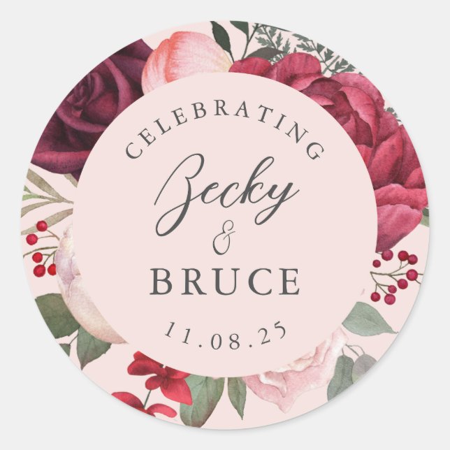 Adesivo Romantic Pink Bridal Bouquet Bride & Groom Names (Frente)