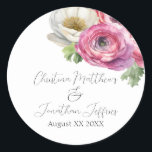 Adesivo Romântica Cor de Água Rosa e Branco Ranunculus<br><div class="desc">Estas etiquetas românticas de adesivos florais apresentam um fundo branco simples com flores ranóculas brancas e cor-de-água. Um delicado buquê de ranúnculo e verde é ilustrado no topo. Os nomes das amostras de um novo casal e a data do casamento são impressos na parte superior. Você pode personalizar os adesivos...</div>