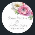 Adesivo Romântica Cor de Água Rosa e Branco Ranunculus<br><div class="desc">Estas etiquetas românticas de adesivos florais apresentam um fundo branco simples com flores ranóculas brancas e cor-de-água. Um delicado buquê de ranúnculo e verde é ilustrado no topo. Os nomes das amostras de um novo casal e a data do casamento são impressos na parte superior. Você pode personalizar os adesivos...</div>