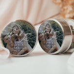 Adesivo Romântica Escuro Sobreposição De Fotos Obrigado<br><div class="desc">Esse obrigado romântico de cobertura de fotos escuras que você favorece são perfeitos para uma simples recepção de casamento. O clássico design moderno apresenta espirais ricos e turbilhões brancos com magnífica e elegante tipografia à mão. Personalize as etiquetas do adesivo com seus nomes, o evento (se aplicável) e a data....</div>