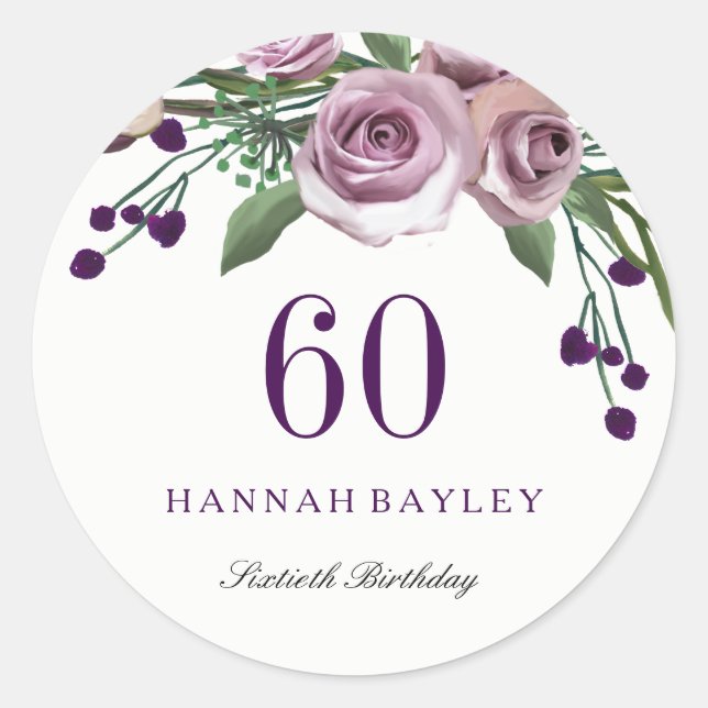 Adesivo Romântica Plum Purple Rosa Floral 60º Aniversário (Frente)