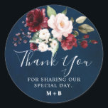Adesivo Romântico Aquarela Burgundy Vermelho Naval Floral<br><div class="desc">Elegante e moderno adesivo de agradecimento de casamento com aquarela romântica floral apresenta um buquê de burgundy / Marsala, rosa desmaiado, rosas de aquarela de pêssego com folhagem correspondente em fundo naval. Perfeito para um casamento de outono / verão. Por favor, encontre mais designs e variações correspondentes na minha loja...</div>