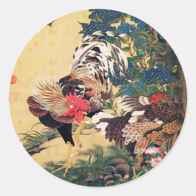 Adesivo Rooster e Hen com Hydrangeas por Ito Jakuchu (Frente)