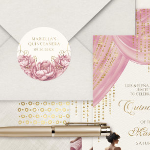 Adesivo Rosa Bege com Flores Elegantes Quinceanera