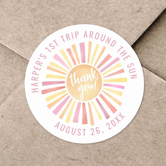 Adesivo Rosa Boho 1ª Viagem ao Redor do Sol (Pink Boho 1st Trip Around The Sun Classic Round Sticker )