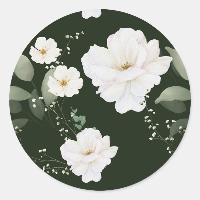 Adesivo Rosa branca sobre selos de envelopes Florais preto (Frente)